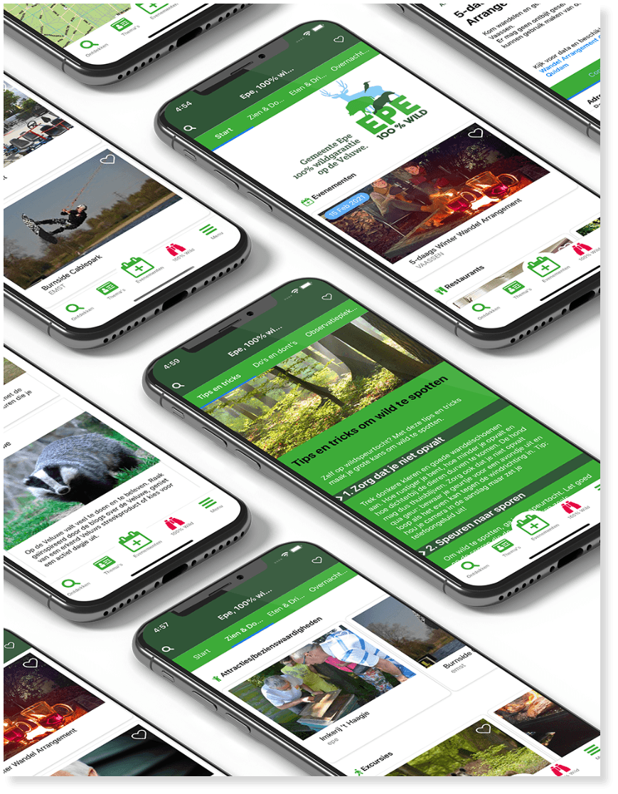 Schermen van de Epe 100% Wild app op meerdere telefoons