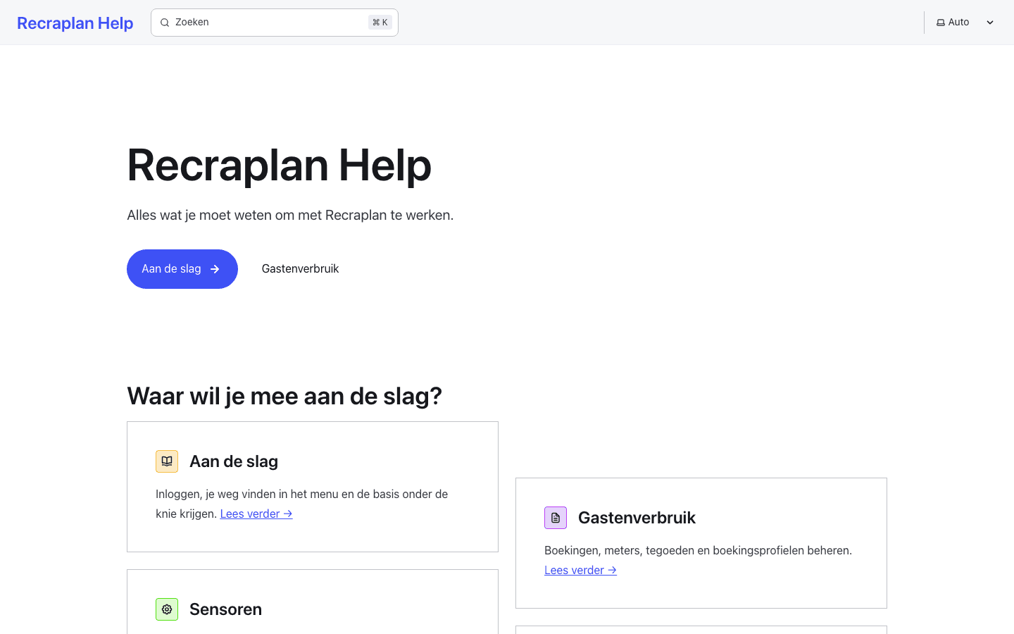 De startpagina van RecraPlan Help met de onderwerpen Aan de slag, Gastenverbruik en Sensoren